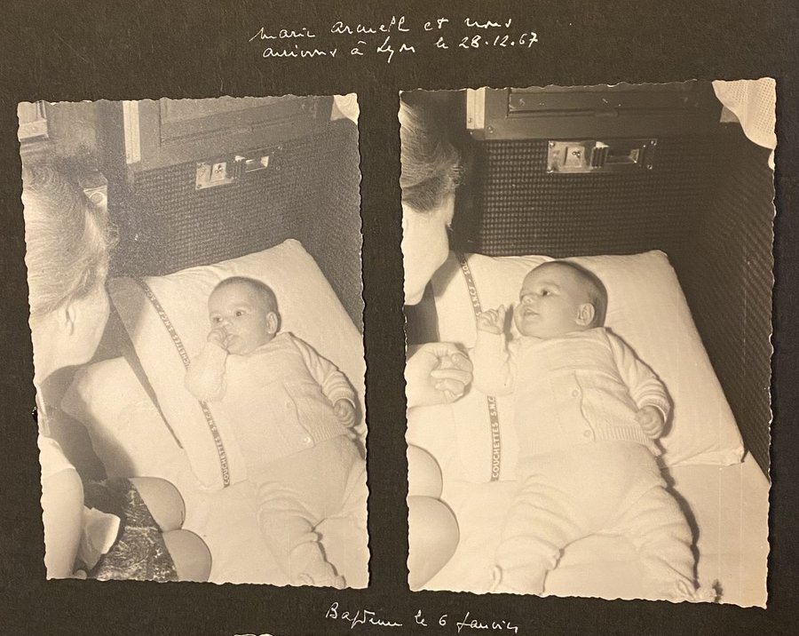 Armelle de Thé bébé dans le train pour Lyon, décembre 1967 — adoption et naissance
